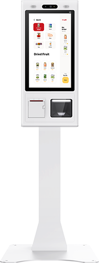 Floor-standing kiosk with a portrait touchscreen, receipt printer and card reader on a pedestal